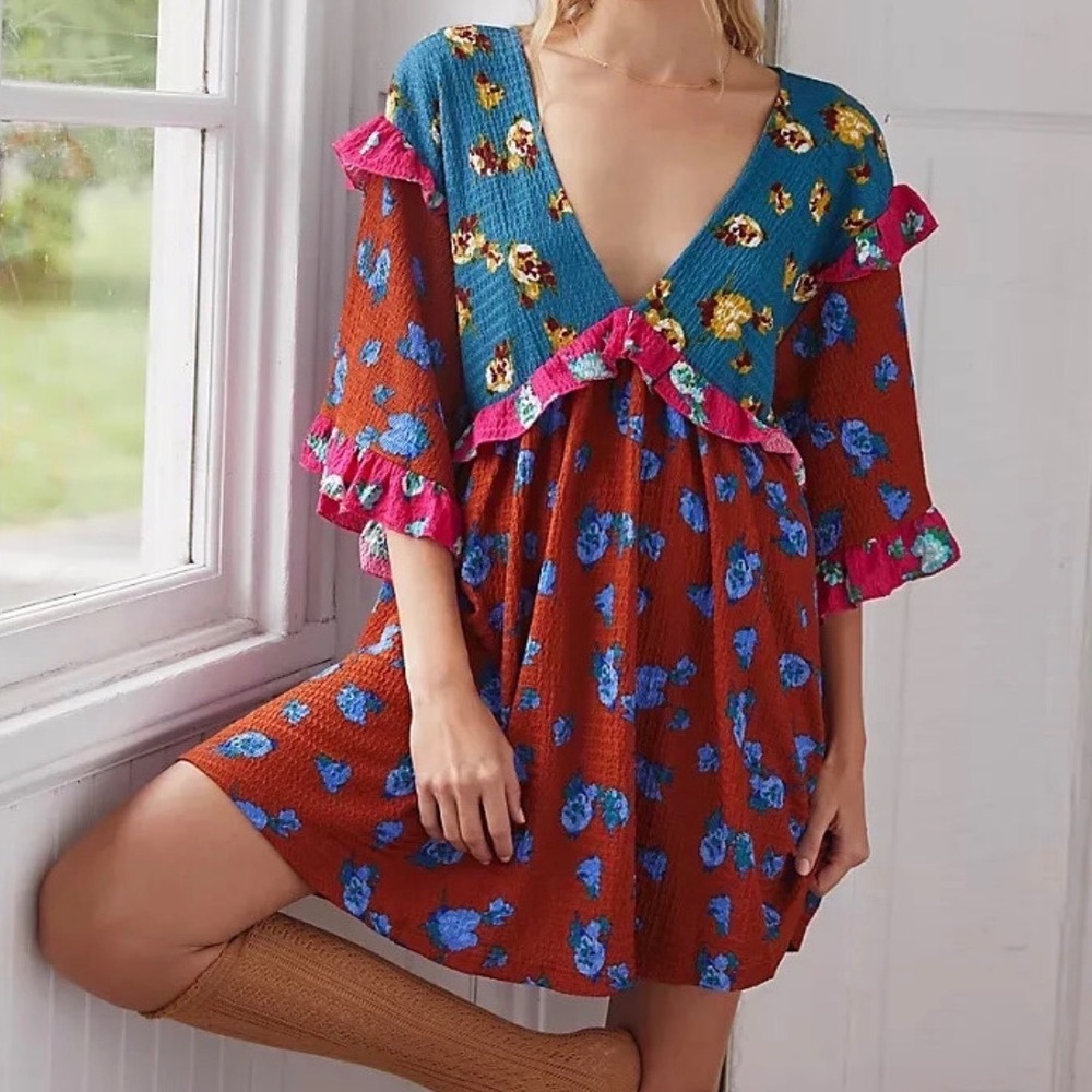 Anthropologie Floral Ruffle Babydoll Sleep Mini Dress Orange Blue Pink Small